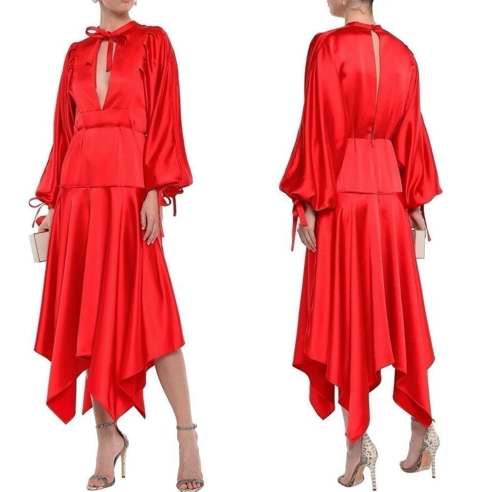 Self-Portrait Asymmetric Cutout Satin Peplum Midi Dress